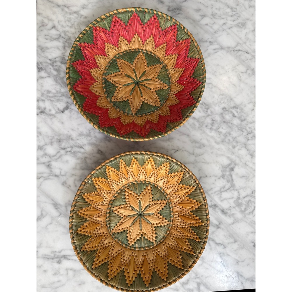 Vintage Hand Woven Straw Baskets Set of 2 Starburst Green Red Tan 10 Inch